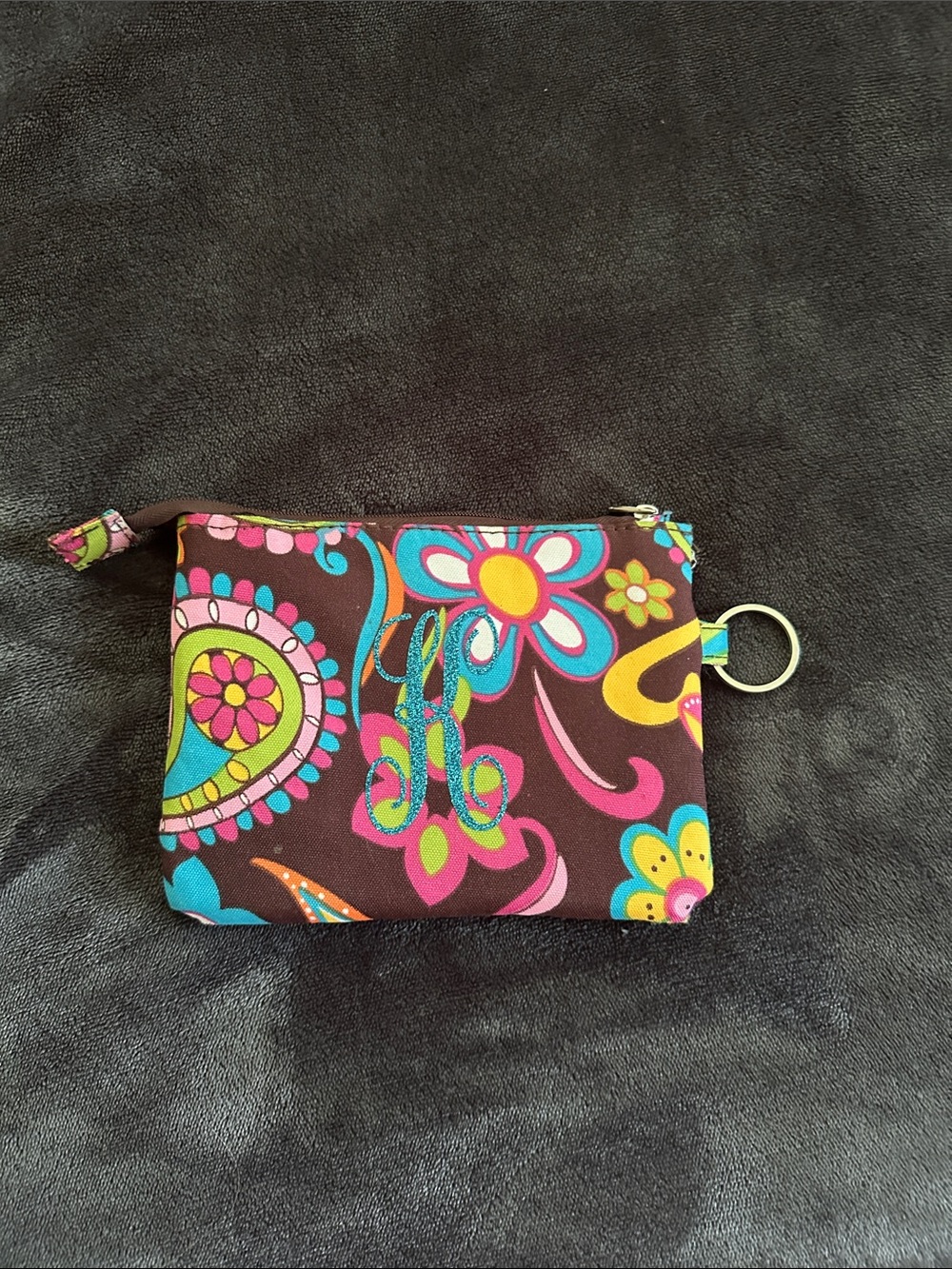 Brown Floral Monogram with letter ‘ K ‘ Wristlet Pouch with Bright Accents
